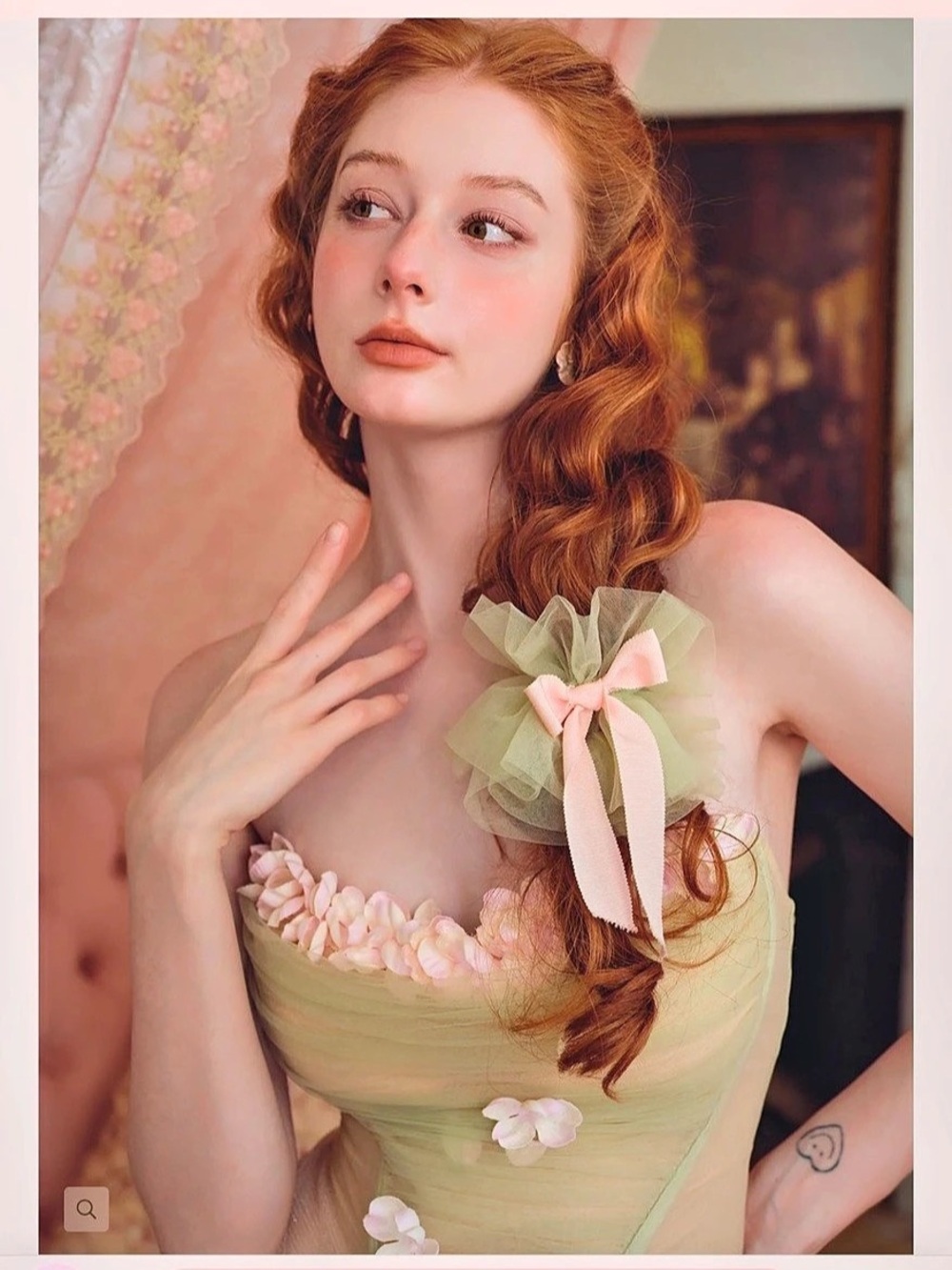 LaceMade Green Bud Fairy Corset Dress Sage Green & Pink Midi